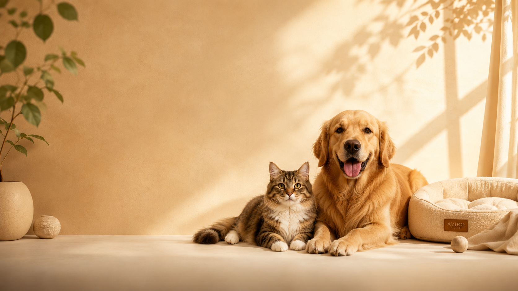 Dog and cat in a warm premium pet lifestyle scene